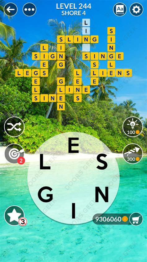 ANSWERS: "S T I N G". . Wordscapes puzzle 244